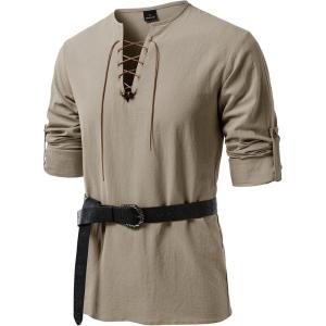 JEMITOP Men’s Renaissance Pure Cotton Lace Up Shirt V-Neck Long Sleeve Retro Costume for Medieval Pirate Viking Without Belt(Khaki)