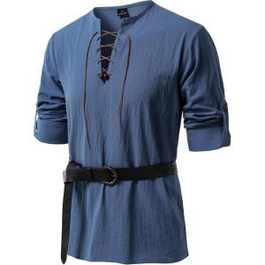 JEMITOP Men’s Renaissance Pure Cotton Lace Up Shirt V-Neck Long Sleeve Retro Costume for Medieval Pirate Viking Without Belt(Mist Blue)
