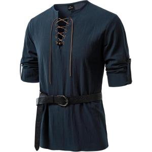 JEMITOP Men’s Renaissance Pure Cotton Lace Up Shirt V-Neck Long Sleeve Retro Costume for Medieval Pirate Viking Without Belt(Navy Blue)