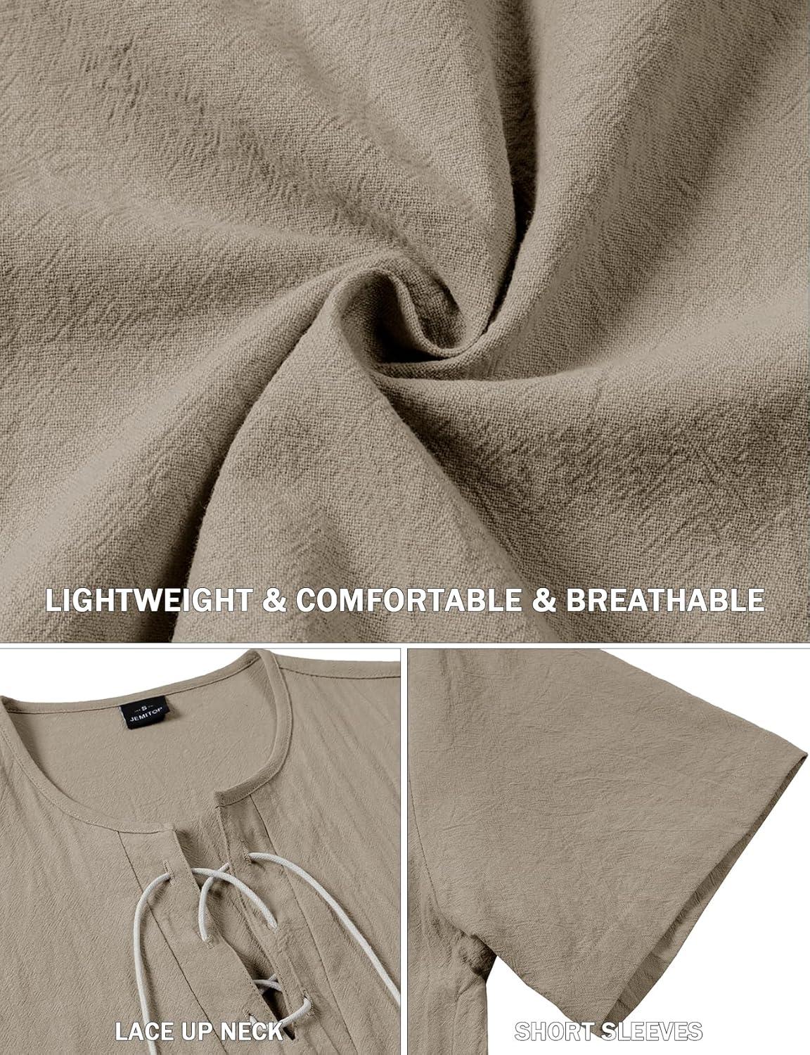 imageJEMITOP Mens Retro Lace Up Pure Cotton LinenLike Versatile Breathable Lightweight Shirts for Beach Summer Hippie BohoKhaki