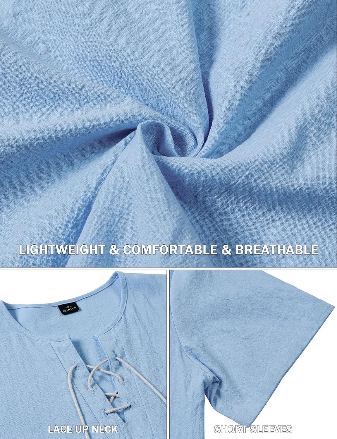 imageJEMITOP Mens Retro Lace Up Pure Cotton LinenLike Versatile Breathable Lightweight Shirts for Beach Summer Hippie BohoLight Blue
