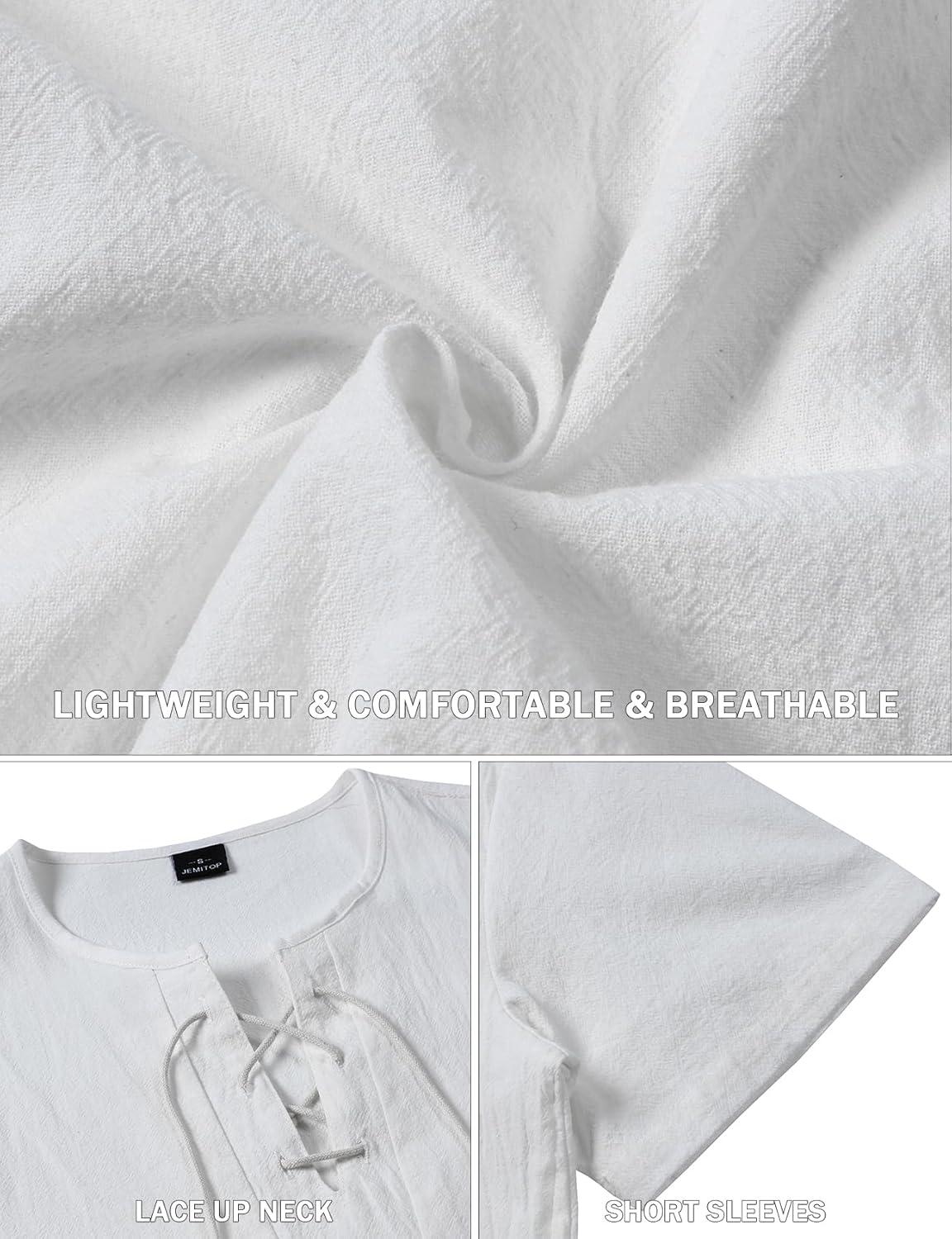 imageJEMITOP Mens Retro Lace Up Pure Cotton LinenLike Versatile Breathable Lightweight Shirts for Beach Summer Hippie BohoWhite