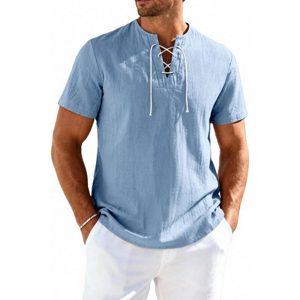 imageJEMITOP Mens Retro Lace Up Pure Cotton LinenLike Versatile Breathable Lightweight Shirts for Beach Summer Hippie BohoLight Blue