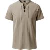 JEMITOP Mens Retro Lace Up Pure Cotton Linen-Like Versatile Breathable Lightweight Shirts for Beach Summer Hippie Boho(Khaki)