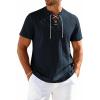 JEMITOP Mens Retro Lace Up Pure Cotton Linen-Like Versatile Breathable Lightweight Shirts for Beach Summer Hippie Boho(Navy Blue)