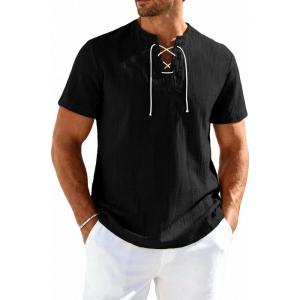 JEMITOP Mens Retro Lace Up Pure Cotton Linen-Like Versatile Breathable Lightweight Shirts for Beach Summer Hippie Boho(Black)