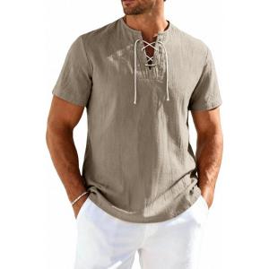 JEMITOP Mens Retro Lace Up Pure Cotton Linen-Like Versatile Breathable Lightweight Shirts for Beach Summer Hippie Boho(Khaki)