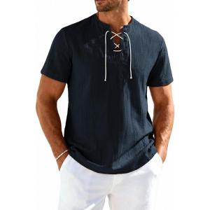 JEMITOP Mens Retro Lace Up Pure Cotton Linen-Like Versatile Breathable Lightweight Shirts for Beach Summer Hippie Boho(Navy Blue)