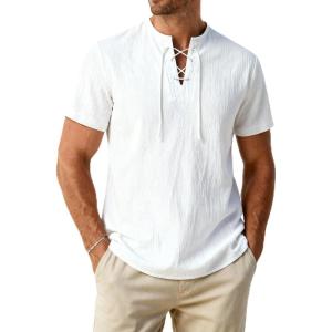 JEMITOP Mens Retro Lace Up Pure Cotton Linen-Like Versatile Breathable Lightweight Shirts for Beach Summer Hippie Boho(White)