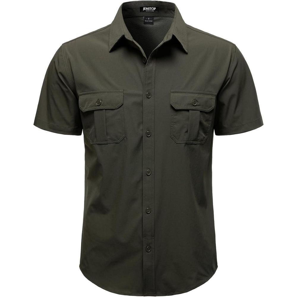 imageJEMITOP Mens 4Way Stretch Lightweight Outdoor Shirt Meshed BackVent Short Sleeve Button Down Shirts with PocketsArmy Green