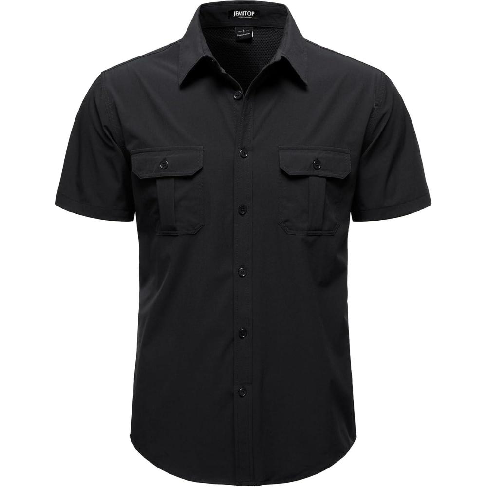imageJEMITOP Mens 4Way Stretch Lightweight Outdoor Shirt Meshed BackVent Short Sleeve Button Down Shirts with PocketsBlack