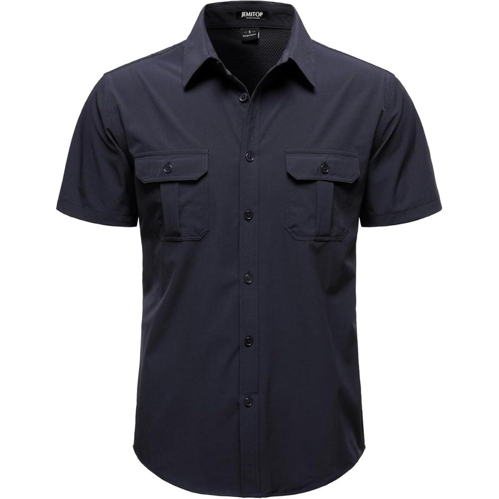 imageJEMITOP Mens 4Way Stretch Lightweight Outdoor Shirt Meshed BackVent Short Sleeve Button Down Shirts with PocketsNavy Blue