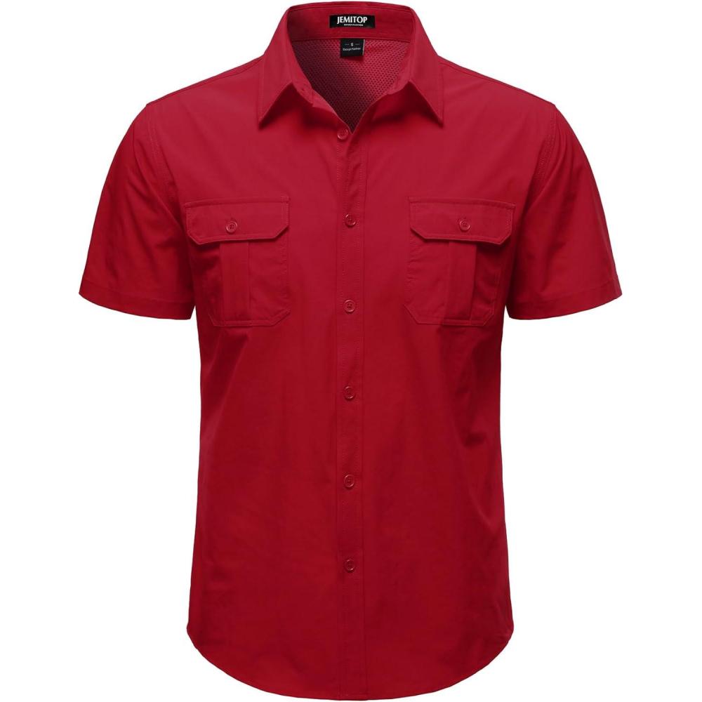 imageJEMITOP Mens 4Way Stretch Lightweight Outdoor Shirt Meshed BackVent Short Sleeve Button Down Shirts with PocketsRed