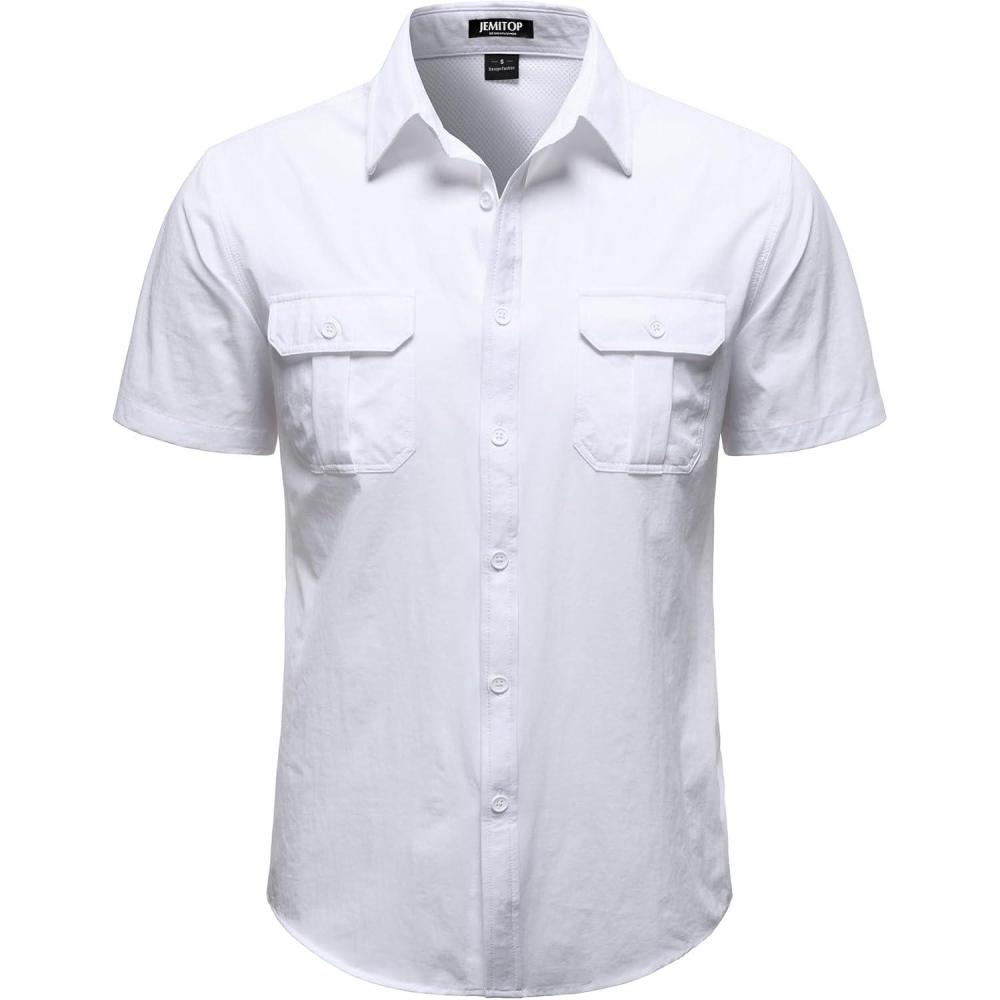 imageJEMITOP Mens 4Way Stretch Lightweight Outdoor Shirt Meshed BackVent Short Sleeve Button Down Shirts with PocketsWhite