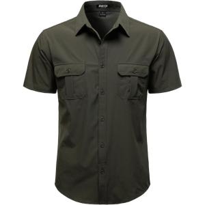 JEMITOP Mens 4-Way Stretch Lightweight Outdoor Shirt Meshed Back-Vent Short Sleeve Button Down Shirts with Pockets(Army Green)
