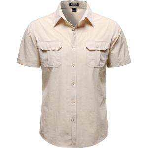 JEMITOP Mens 4-Way Stretch Lightweight Outdoor Shirt Meshed Back-Vent Short Sleeve Button Down Shirts with Pockets(Beige)