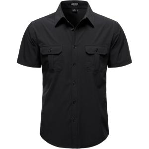 JEMITOP Mens 4-Way Stretch Lightweight Outdoor Shirt Meshed Back-Vent Short Sleeve Button Down Shirts with Pockets(Black)