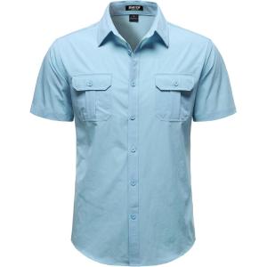 JEMITOP Mens 4-Way Stretch Lightweight Outdoor Shirt Meshed Back-Vent Short Sleeve Button Down Shirts with Pockets(Light Blue)
