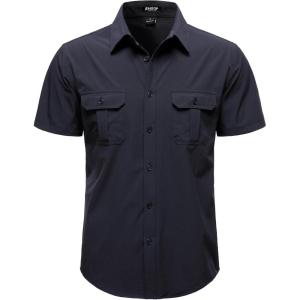 JEMITOP Mens 4-Way Stretch Lightweight Outdoor Shirt Meshed Back-Vent Short Sleeve Button Down Shirts with Pockets(Navy Blue)