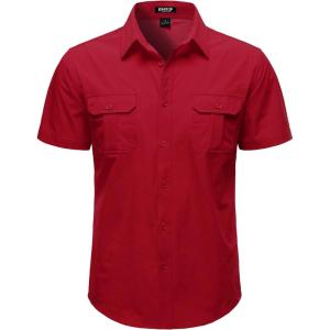 JEMITOP Mens 4-Way Stretch Lightweight Outdoor Shirt Meshed Back-Vent Short Sleeve Button Down Shirts with Pockets(Red)
