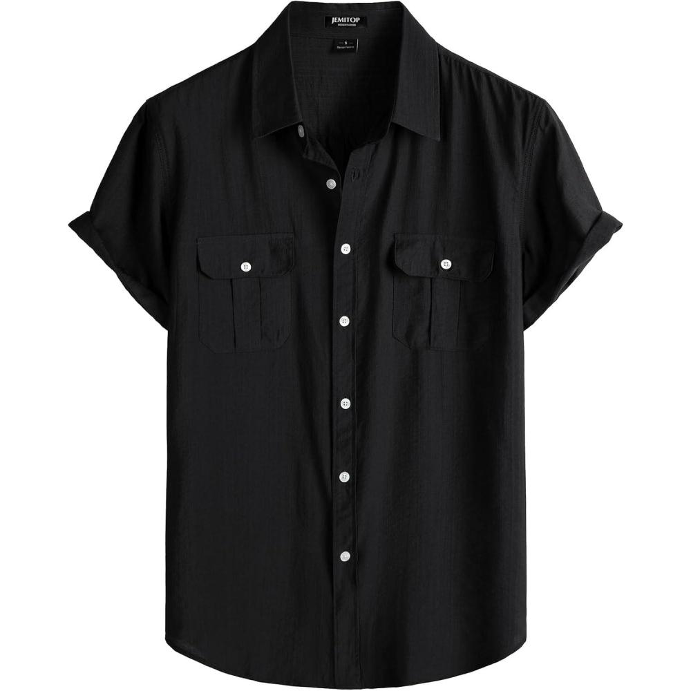 imageJEMITOP Mens LinenLike Shirt Casual Stylish Short Sleeve Button Down Shirts for Summer Beach Vacation with 2 PocketsBlack