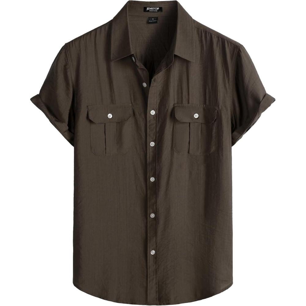 imageJEMITOP Mens LinenLike Shirt Casual Stylish Short Sleeve Button Down Shirts for Summer Beach Vacation with 2 PocketsBrown