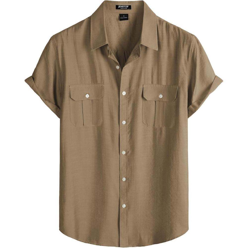 imageJEMITOP Mens LinenLike Shirt Casual Stylish Short Sleeve Button Down Shirts for Summer Beach Vacation with 2 PocketsDark Khaki