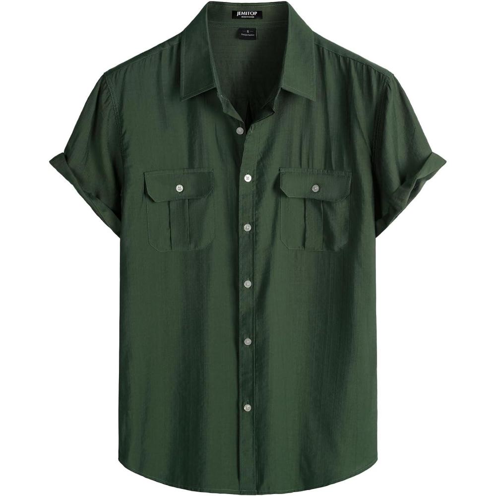 imageJEMITOP Mens LinenLike Shirt Casual Stylish Short Sleeve Button Down Shirts for Summer Beach Vacation with 2 PocketsForest Green