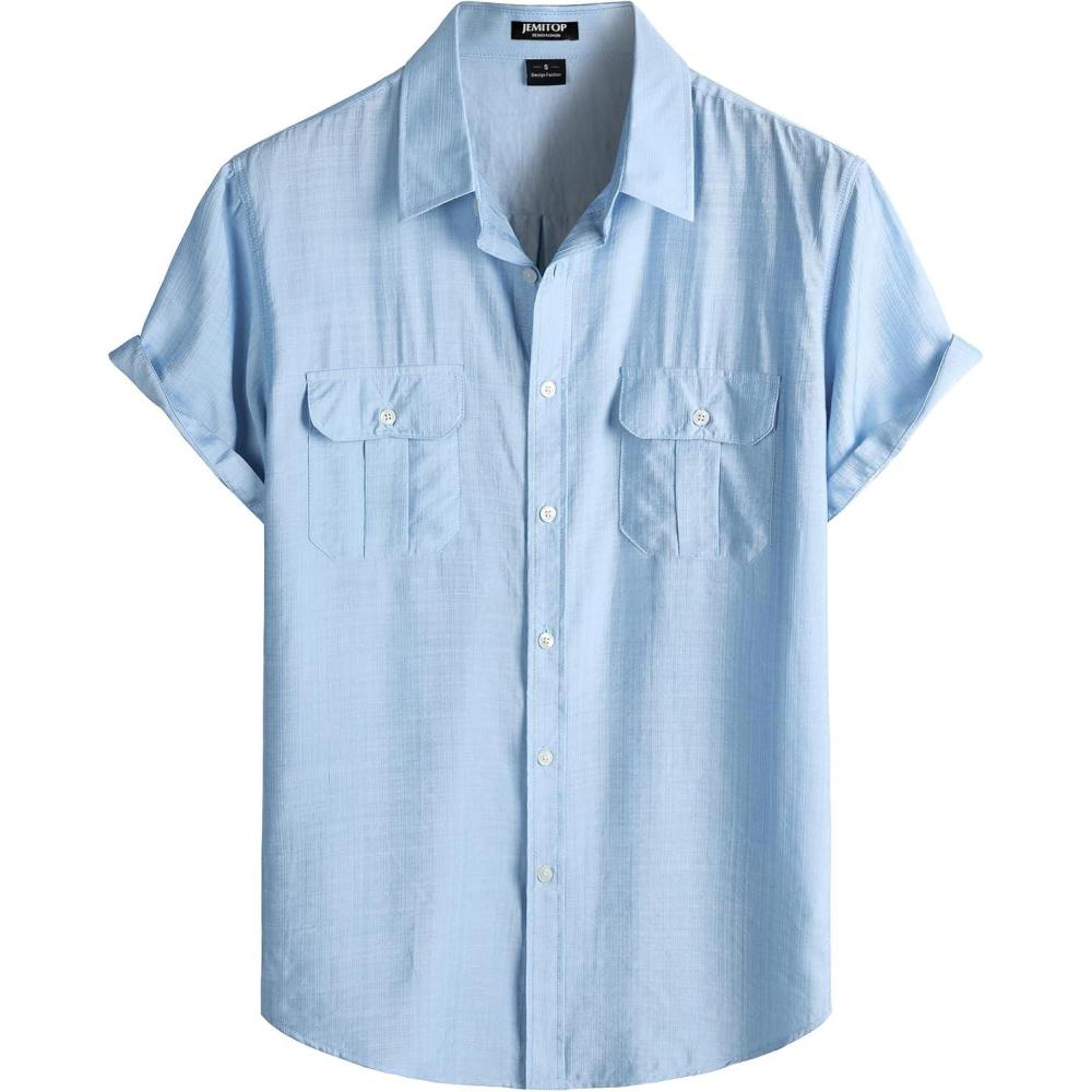 imageJEMITOP Mens LinenLike Shirt Casual Stylish Short Sleeve Button Down Shirts for Summer Beach Vacation with 2 PocketsLight Blue
