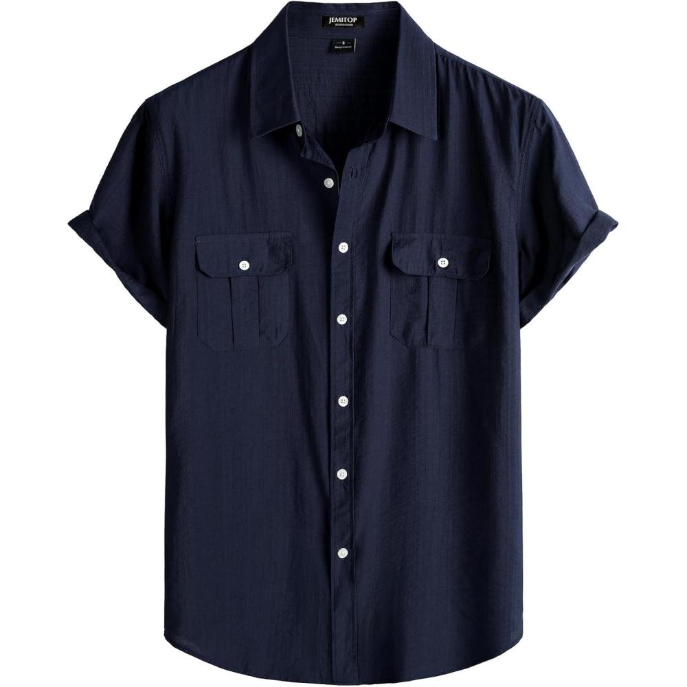 imageJEMITOP Mens LinenLike Shirt Casual Stylish Short Sleeve Button Down Shirts for Summer Beach Vacation with 2 PocketsNavy Blue
