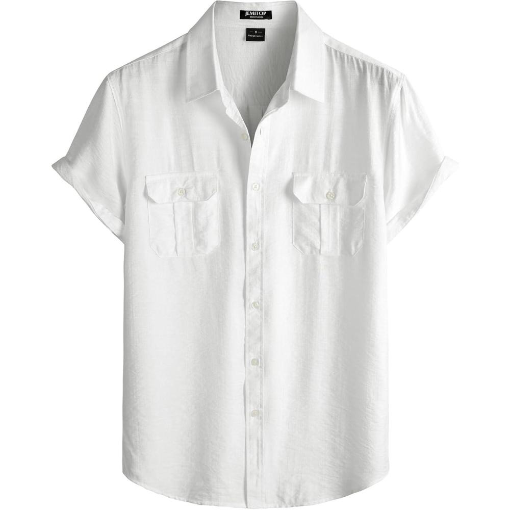 imageJEMITOP Mens LinenLike Shirt Casual Stylish Short Sleeve Button Down Shirts for Summer Beach Vacation with 2 PocketsWhite