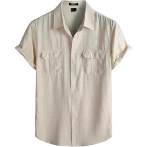 JEMITOP Men’s Linen-Like Shirt Casual Stylish Short Sleeve Button Down Shirts for Summer Beach Vacation with 2 Pockets(Beige)