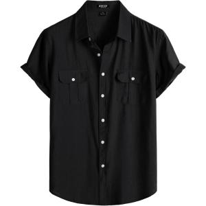 JEMITOP Men’s Linen-Like Shirt Casual Stylish Short Sleeve Button Down Shirts for Summer Beach Vacation with 2 Pockets(Black)