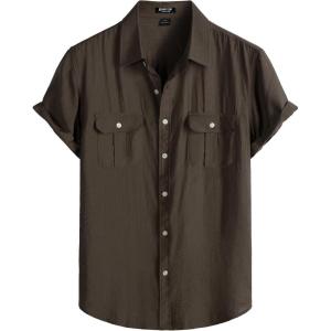JEMITOP Men’s Linen-Like Shirt Casual Stylish Short Sleeve Button Down Shirts for Summer Beach Vacation with 2 Pockets(Brown)