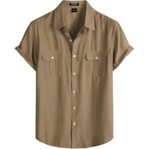 JEMITOP Men’s Linen-Like Shirt Casual Stylish Short Sleeve Button Down Shirts for Summer Beach Vacation with 2 Pockets(Dark Khaki)
