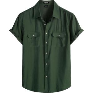 JEMITOP Men’s Linen-Like Shirt Casual Stylish Short Sleeve Button Down Shirts for Summer Beach Vacation with 2 Pockets(Forest Green)