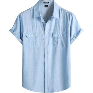 JEMITOP Men’s Linen-Like Shirt Casual Stylish Short Sleeve Button Down Shirts for Summer Beach Vacation with 2 Pockets(Light Blue)