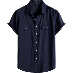 JEMITOP Men’s Linen-Like Shirt Casual Stylish Short Sleeve Button Down Shirts for Summer Beach Vacation with 2 Pockets(Navy Blue)