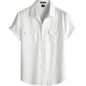 JEMITOP Men’s Linen-Like Shirt Casual Stylish Short Sleeve Button Down Shirts for Summer Beach Vacation with 2 Pockets(White)