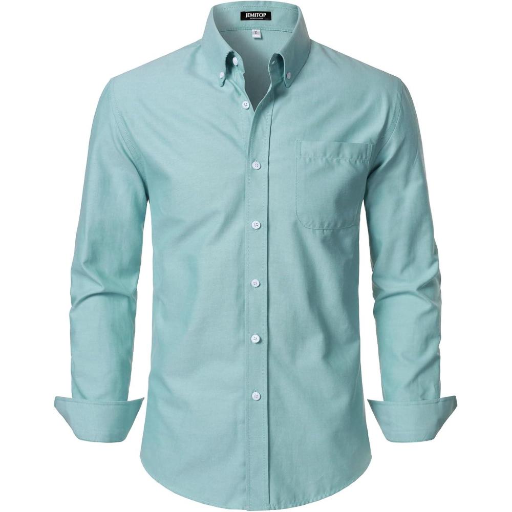 imageJEMITOP Mens Classic Lightweight Oxford Button Down Collar Shirts Business Casual Long Sleeve Dress Shirt with PocketAqua Green