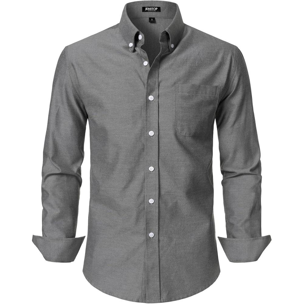 imageJEMITOP Mens Classic Lightweight Oxford Button Down Collar Shirts Business Casual Long Sleeve Dress Shirt with PocketGrey