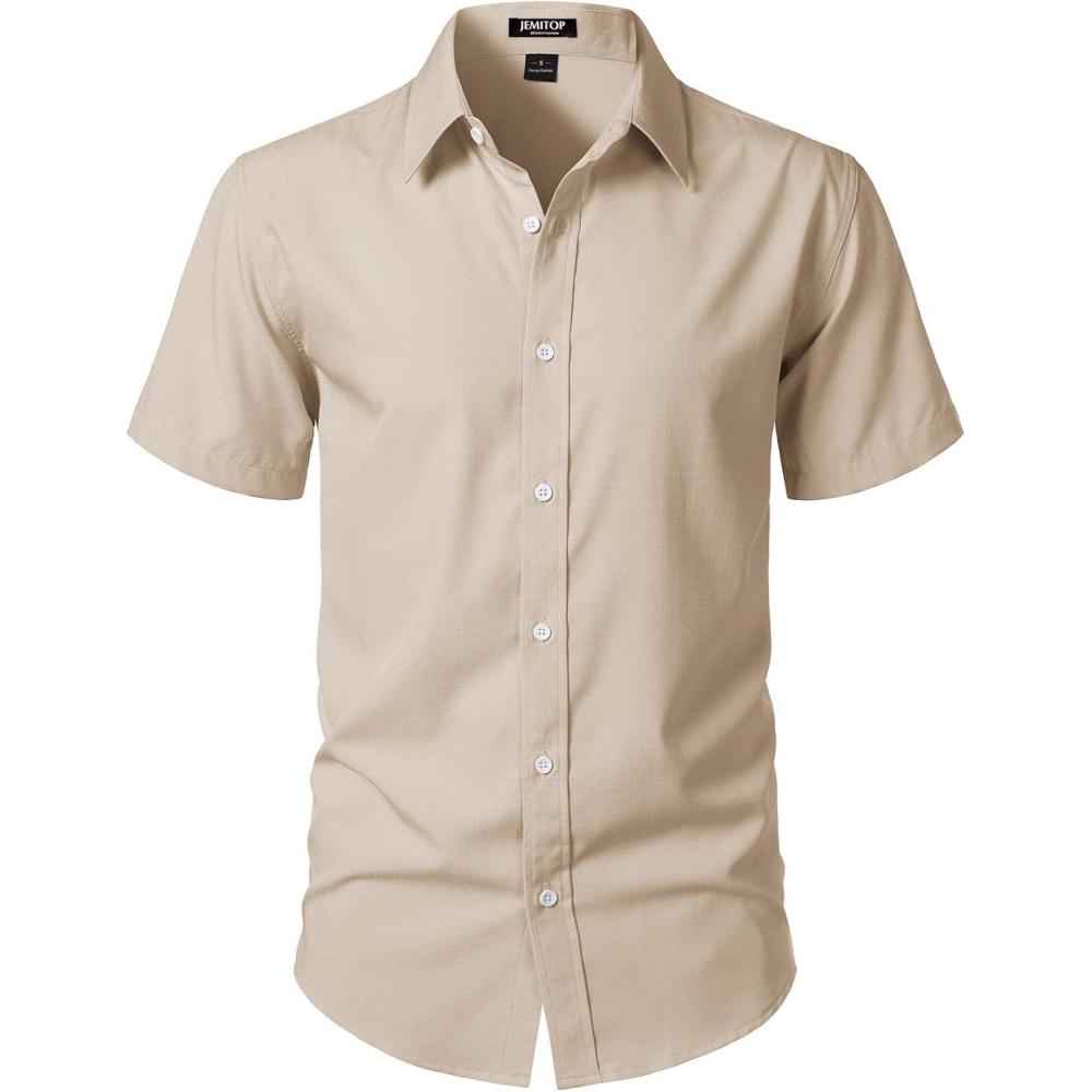 imageJEMITOP Mens Stretch WrinkleFree Textured Shirt Summer Lightweight Short Sleeve Button Down Vacation Beach ShirtsBeige