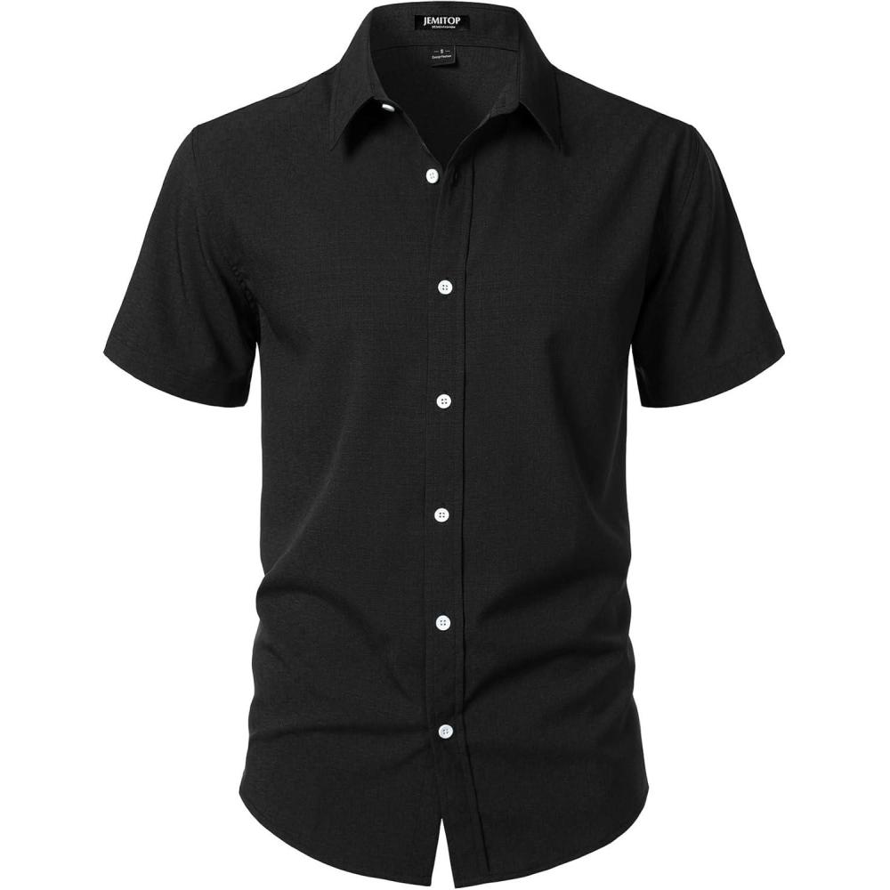 imageJEMITOP Mens Stretch WrinkleFree Textured Shirt Summer Lightweight Short Sleeve Button Down Vacation Beach ShirtsBlack