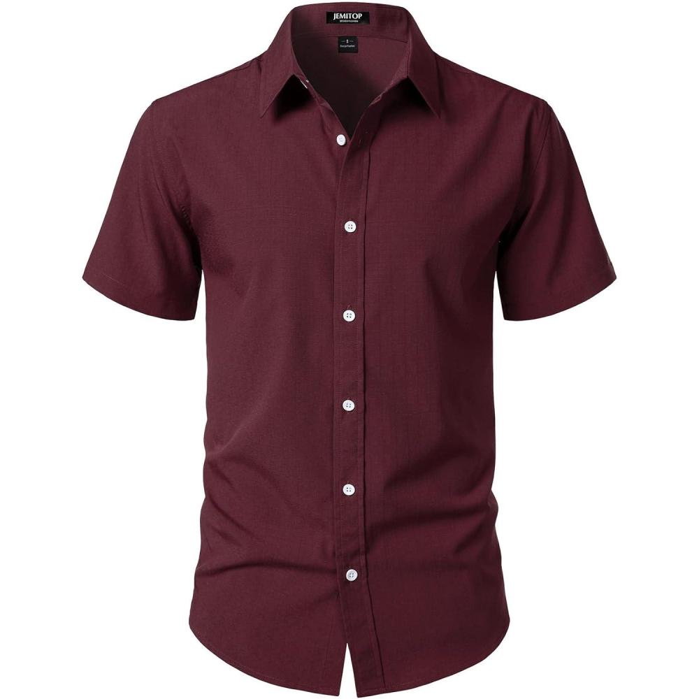 imageJEMITOP Mens Stretch WrinkleFree Textured Shirt Summer Lightweight Short Sleeve Button Down Vacation Beach ShirtsBurgundy