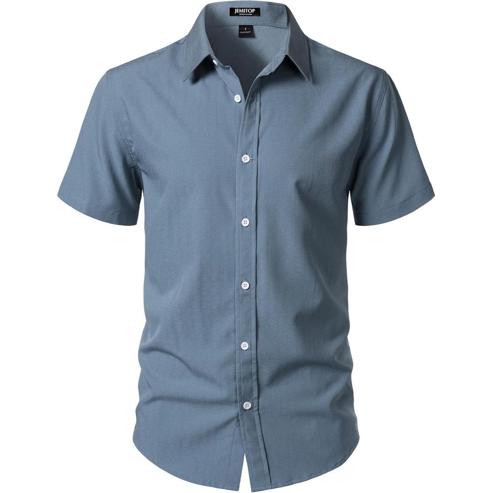 imageJEMITOP Mens Stretch WrinkleFree Textured Shirt Summer Lightweight Short Sleeve Button Down Vacation Beach ShirtsDusty Blue