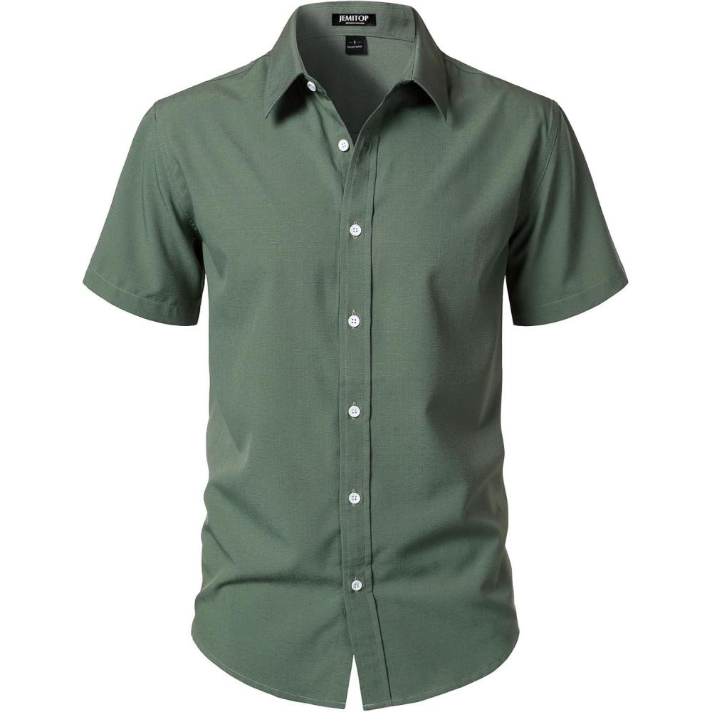 imageJEMITOP Mens Stretch WrinkleFree Textured Shirt Summer Lightweight Short Sleeve Button Down Vacation Beach ShirtsGreen