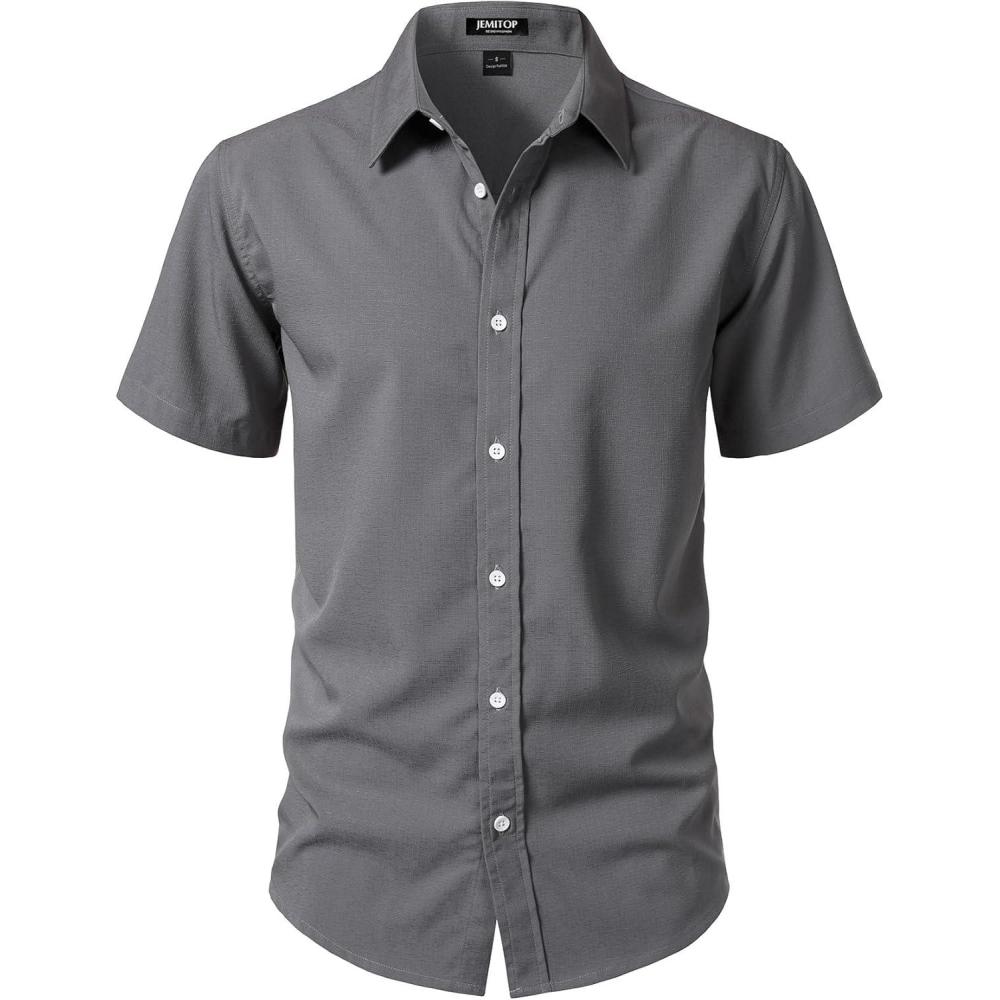 imageJEMITOP Mens Stretch WrinkleFree Textured Shirt Summer Lightweight Short Sleeve Button Down Vacation Beach ShirtsGrey