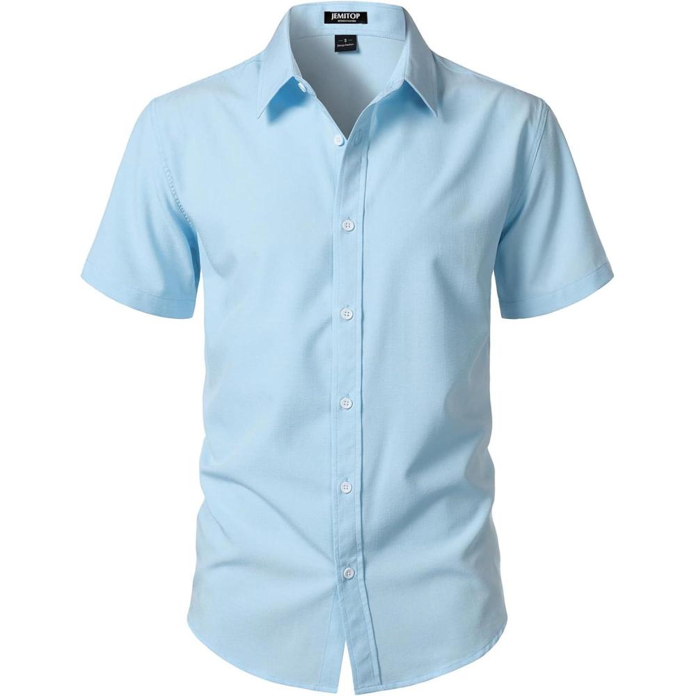 imageJEMITOP Mens Stretch WrinkleFree Textured Shirt Summer Lightweight Short Sleeve Button Down Vacation Beach ShirtsLight Blue