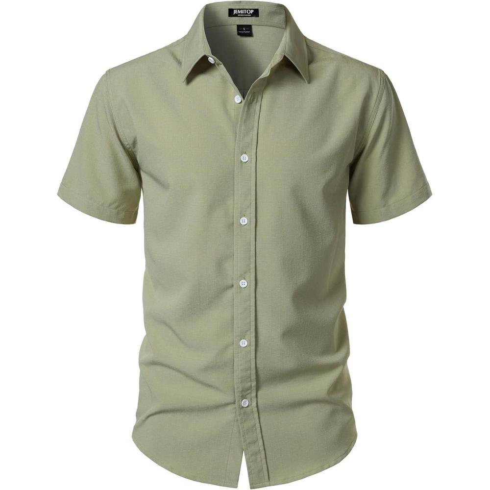 imageJEMITOP Mens Stretch WrinkleFree Textured Shirt Summer Lightweight Short Sleeve Button Down Vacation Beach ShirtsSage Green
