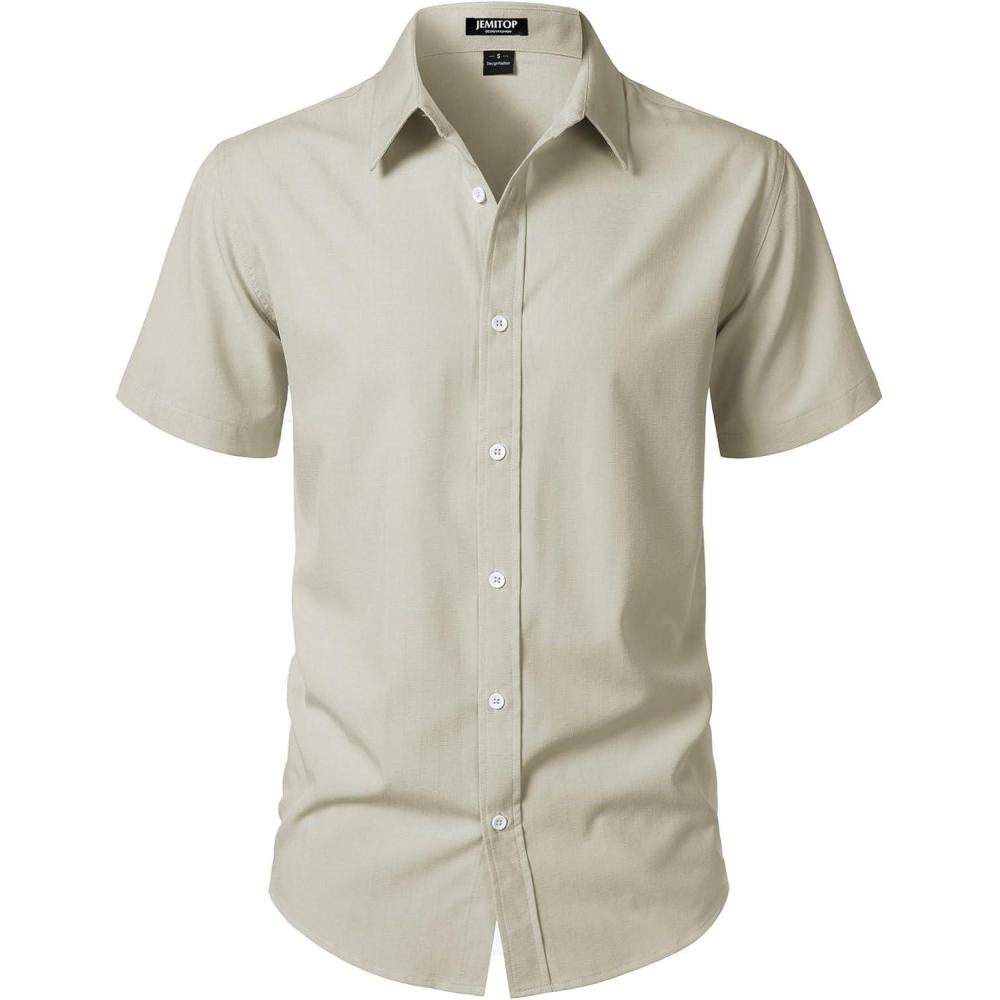 imageJEMITOP Mens Stretch WrinkleFree Textured Shirt Summer Lightweight Short Sleeve Button Down Vacation Beach ShirtsTan
